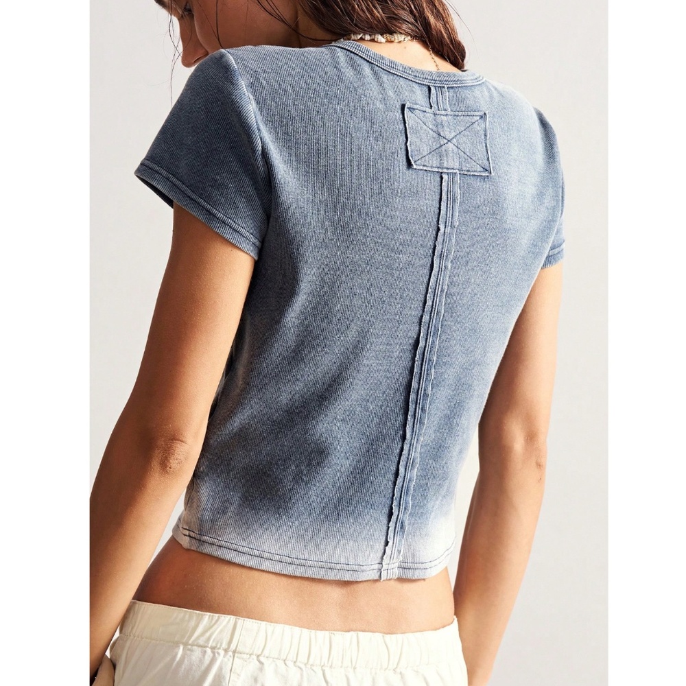 Cotton Rib Knit Grey Tee Shirt Star Patch Applique - Picture 4 of 9